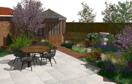 Garden design drawing of paving area with round table and chairs set.