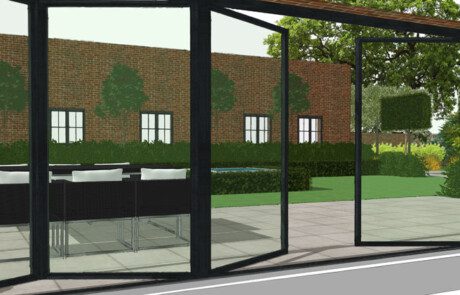 Garden designed professionally by Essex Garden Co. Drawing of bi-folds doors leading on to paving area with dining table.