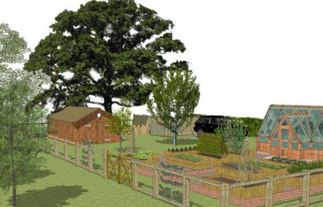 Garden design drawing of classic garden design with green house and vegetable garden.