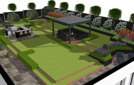 Online image of a garden that has been designed with metal pergola.