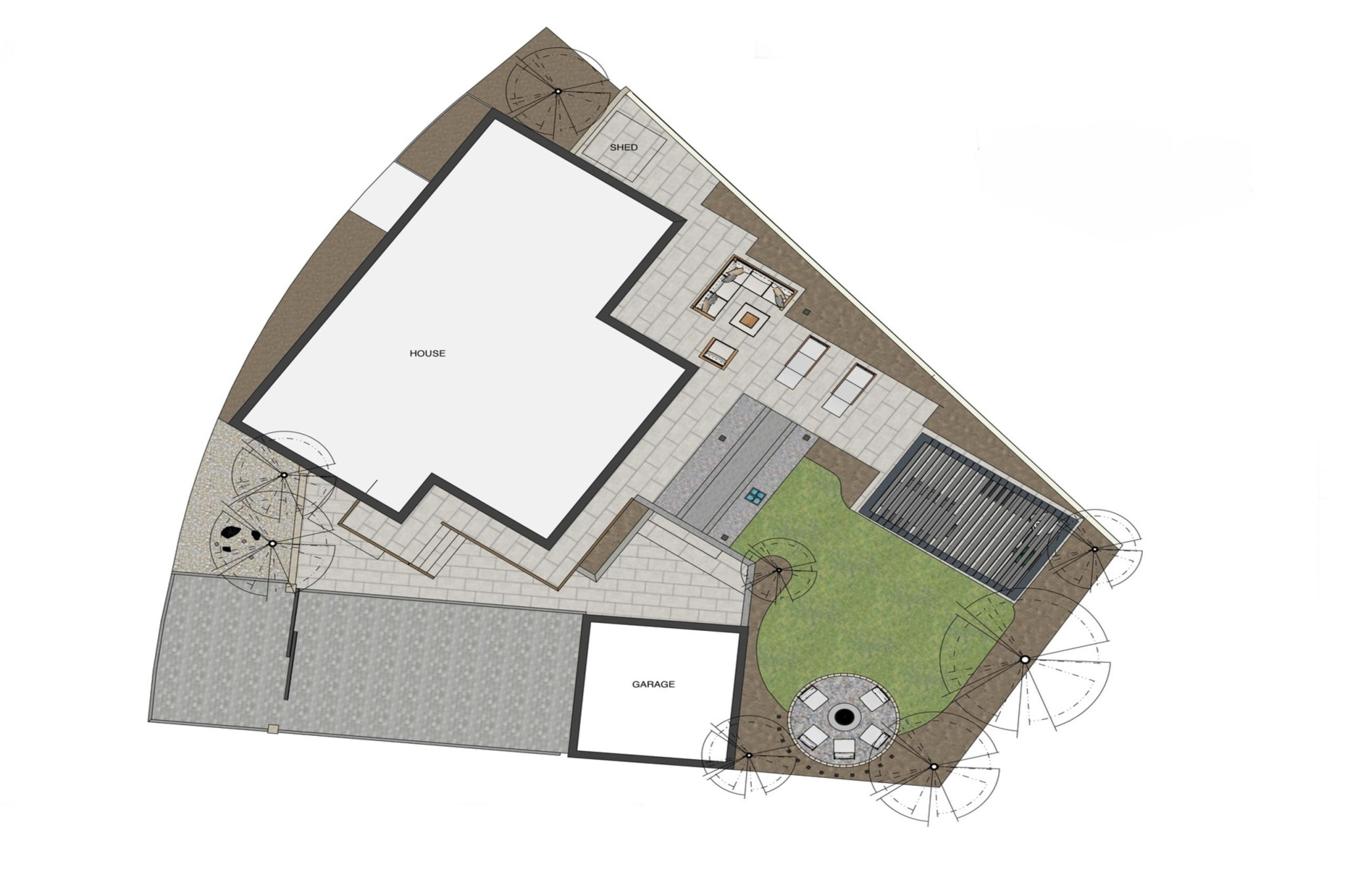 Full garden re-design in Warley, Essex. Garden design and landscaping features include: porcelain paving, feature pavers, pergola, outdoor kitchen, balustrades, lighting, planting, resin driveway, turf and driveway gates. Transformed by The Essex Garden Co.
